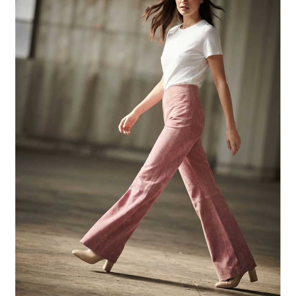 Victoria Beckham Pink Suede leather Wide Leg Flared Pants Sz 8 Made in Italy